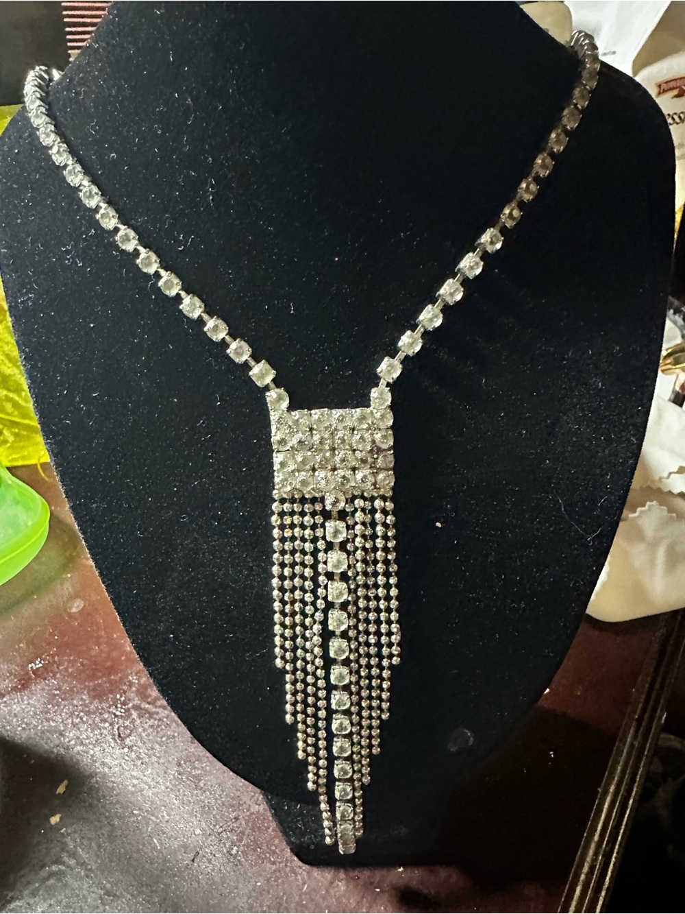 Vintage rhinestone waterfall fringe Pendant Necklace - Silver Sparkle
